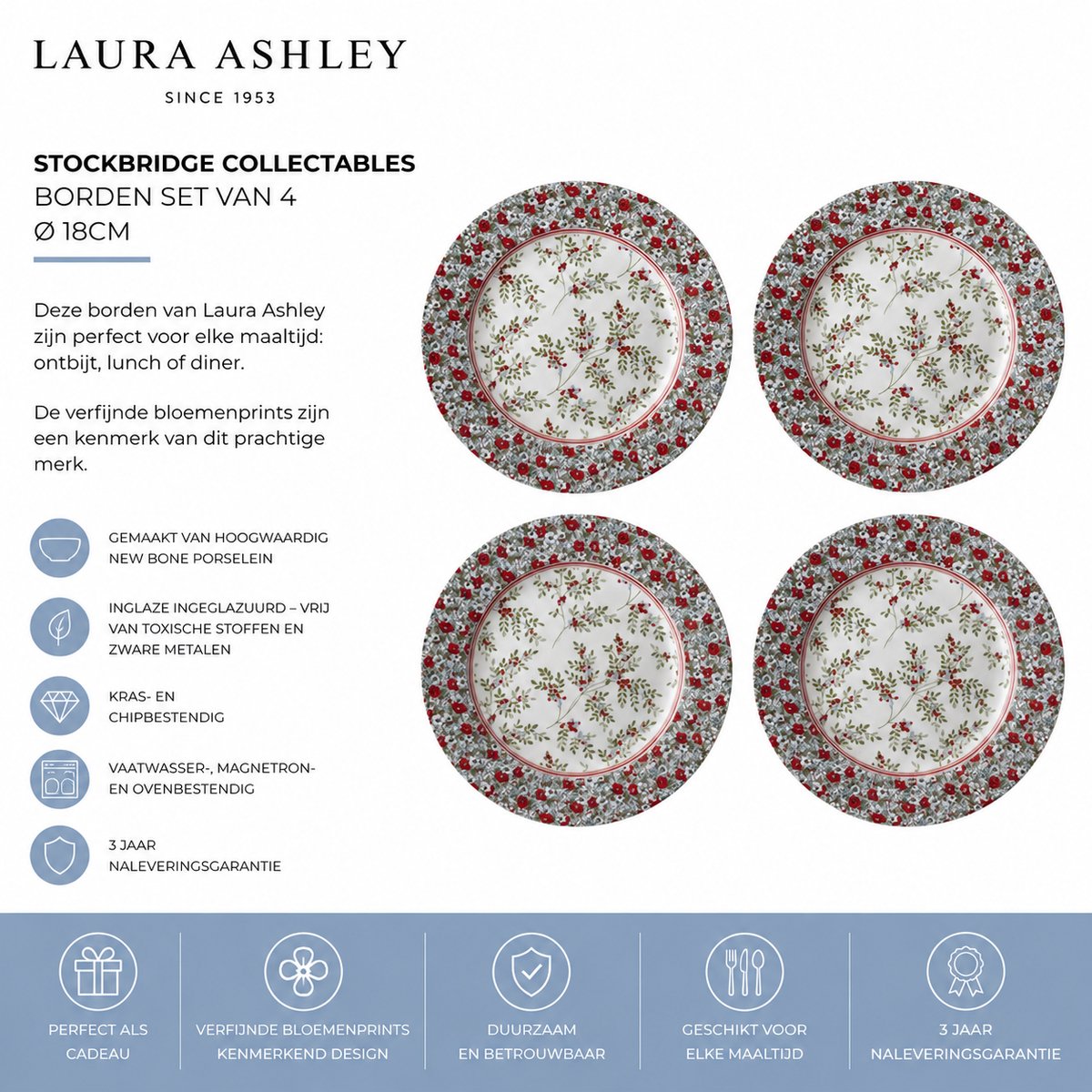 Laura Ashley Stockbridge Collectables Borden set van 4 - Kerstservies - Ø 18cm