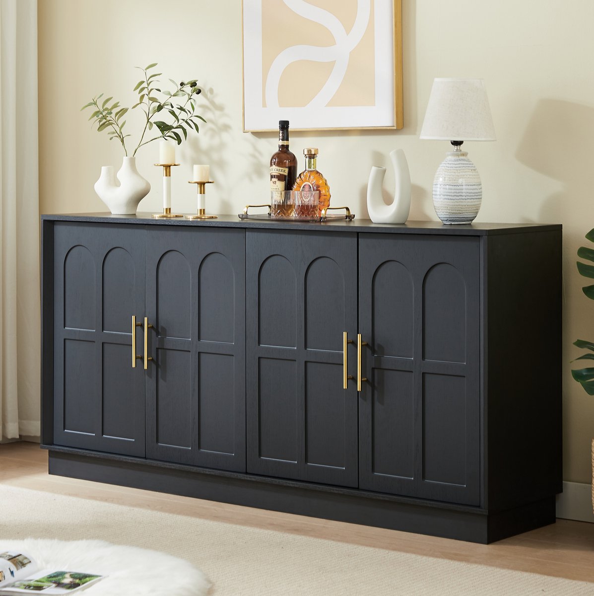 DESMIU Dressoir - Modern Opbergmeubel Met Gebogen Deuren En Verstelbare Planken - Voor Woonkamer Keuken En Eetkamer - MDF - 169x40x80 Cm - Zwart