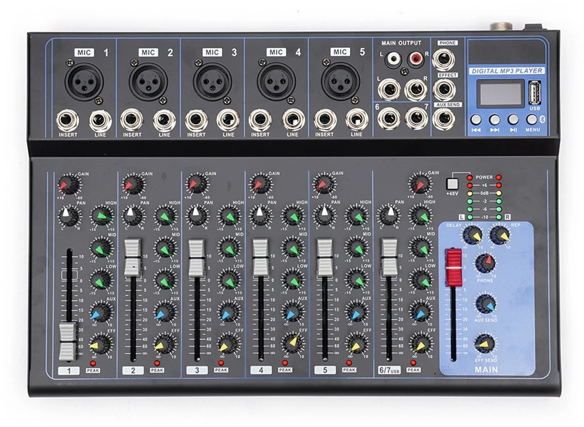 Venzor - 7‑Kanaals Professionele Audiomixer – Digitale Geluidsmixconsole met Bluetooth, USB & 3‑Band EQ – DJ Mixer – Zwart