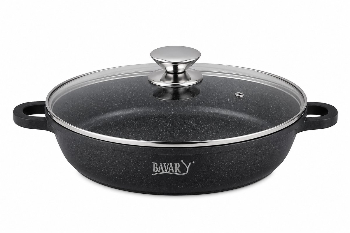 Bavary Braadpan 24 cm – Die Cast Aluminium – Marble Non-Stick Coating – Inductie – Ovenbestendig – Inclusief Glazen Deksel