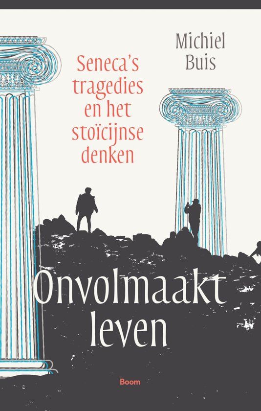 Boekomslag 'Onvolmaakt leven' met twee gestileerde zuilen en figuren in silhouet op een rotsachtig landschap.