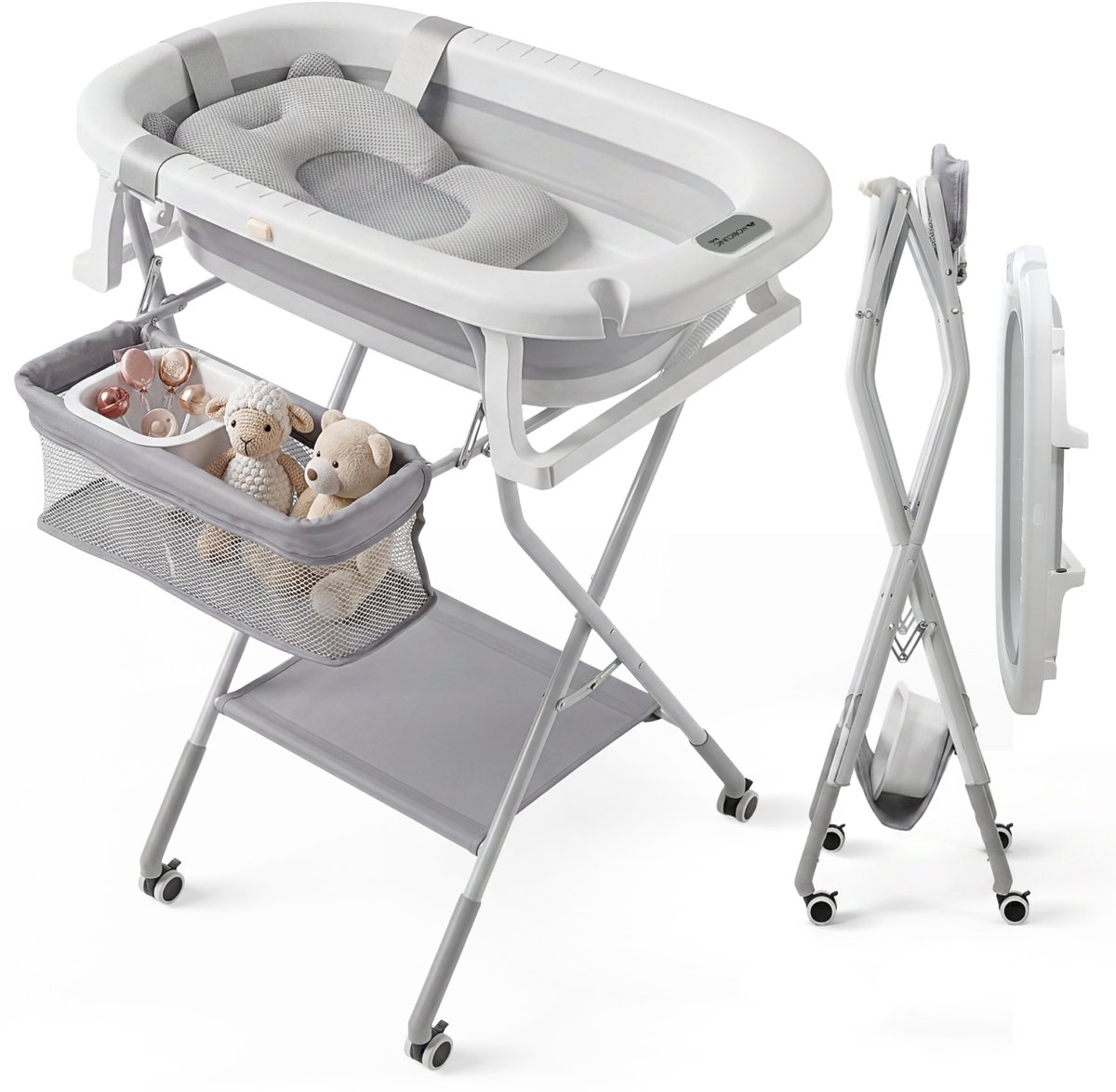 Mobiclinic Bubba Max - Baby Bad - Babybadje met standaard - Peuterbadje - Opvouwbaar - Voor kinderen - Tot 12 kg - Met badkussen, afvoerslang en wielen - Wit en grijs