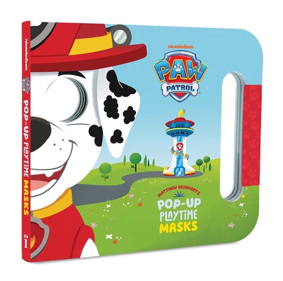 Boek met "Pop-Up Playtime Masks"-logo, met PAW Patrol's Marshall in een rode hoed en een uniform, en de uitkijktoren op de achtergrond.