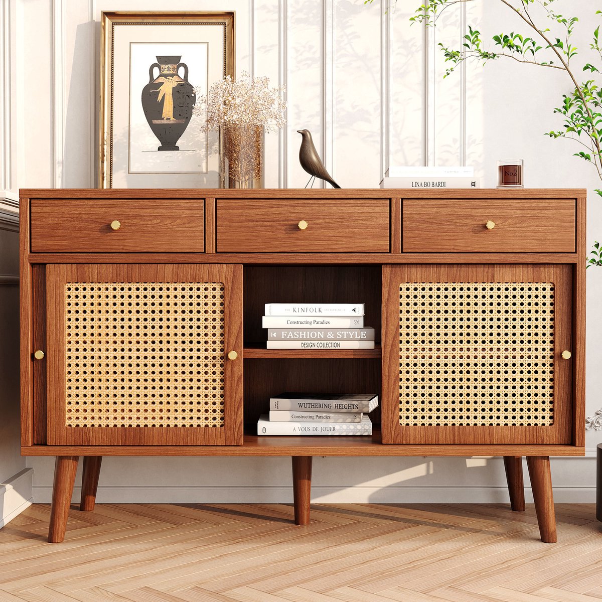 DESMIU Dressoir - Retro Opbergkast Met 3 Laden En 3 Schuifdeuren - Voor Woonkamer En Hal - MDF In Walnootkleur - 120x40x78 Cm