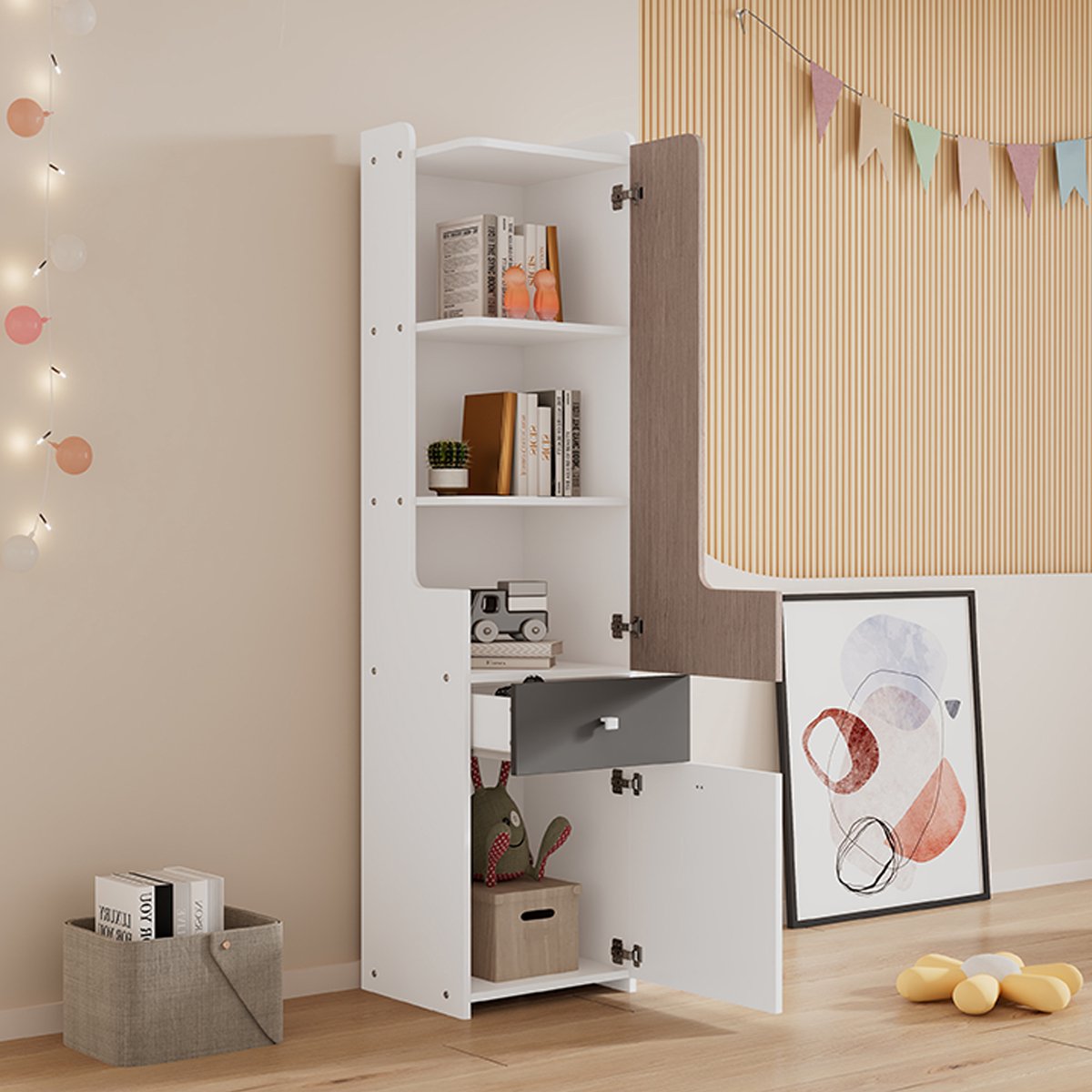 DESMIU Boekenkast - Hoge Kast Met L Vormige Deur En Lade - Ruimtebesparend Voor Jeugdkamer En Slaapkamer - MDF - 45x40x184 Cm - Wit Grijs