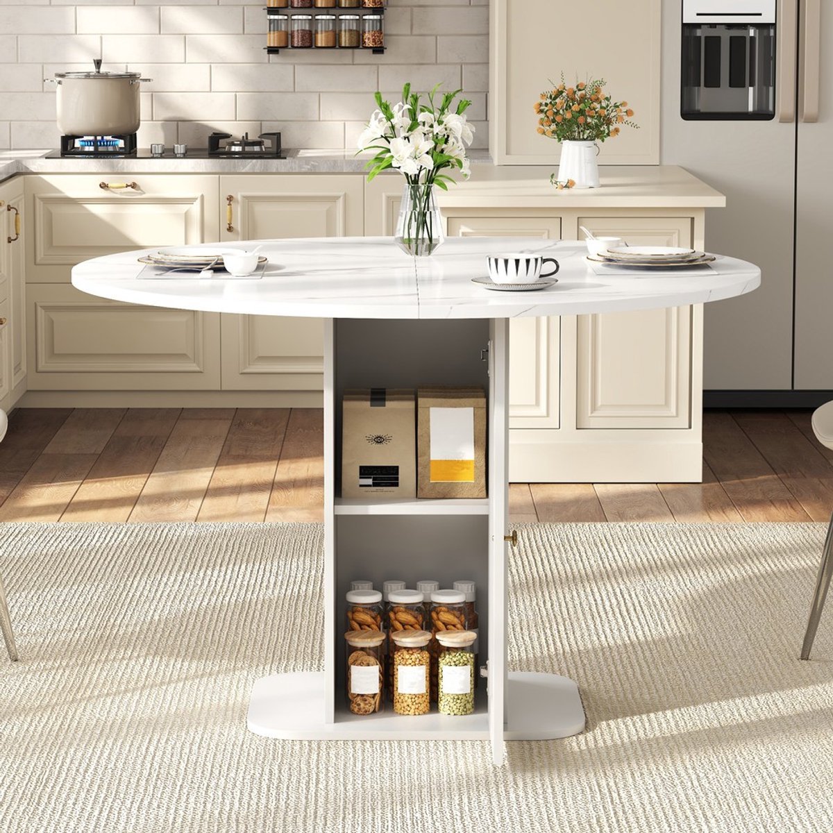 KOMHTOM Ronde Eettafel - 80x80x75 cm - Wit Marmerlook - Keukentafel met Opbergruimte voor 2-4 Personen