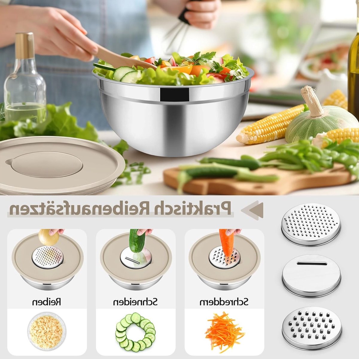 Set van 3 Rvs Mengkommen met Rasppop Accessoires - Keuken Gereedschap voor Koken en Bakken