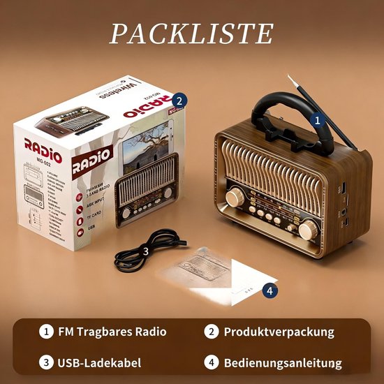 Retro Radio met Bluetooth 5.4 - AM FM SW Wereldradio met Houten Look - Draagbare Bluetooth Speaker met USB TF Kaart Ondersteuning - Oplaadbare Vintage Radio voor Thuis en Buiten — afbeelding 2