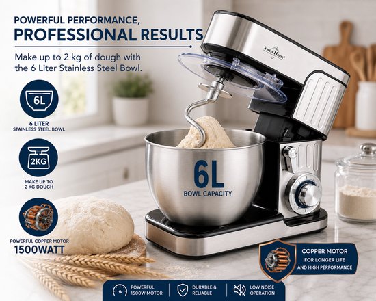 Swiss Haus® KM2206 Keukenmachine - 1300W Keukenrobot - 6L RVS Mengkom - 6 Snelheden + Pulse - Multifunctionele Keukenmixer met Deeghaak, Garde & Klopper - RVS van Swiss Haus — afbeelding 5