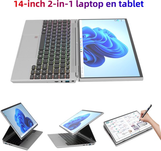 14" Touchscreen Laptop, Intel N5105, 16GB RAM, 1TB SSD, RGB Regenboog Backlit Toetsenbord met Ronde Toetsen, Vingerafdruksensor, 180° Klapbaar, Ingebouwde Standaard, IPS 1920x1200, 92% Schermrandloos – Windows 11 - XYLORE - Hoofdafbeelding