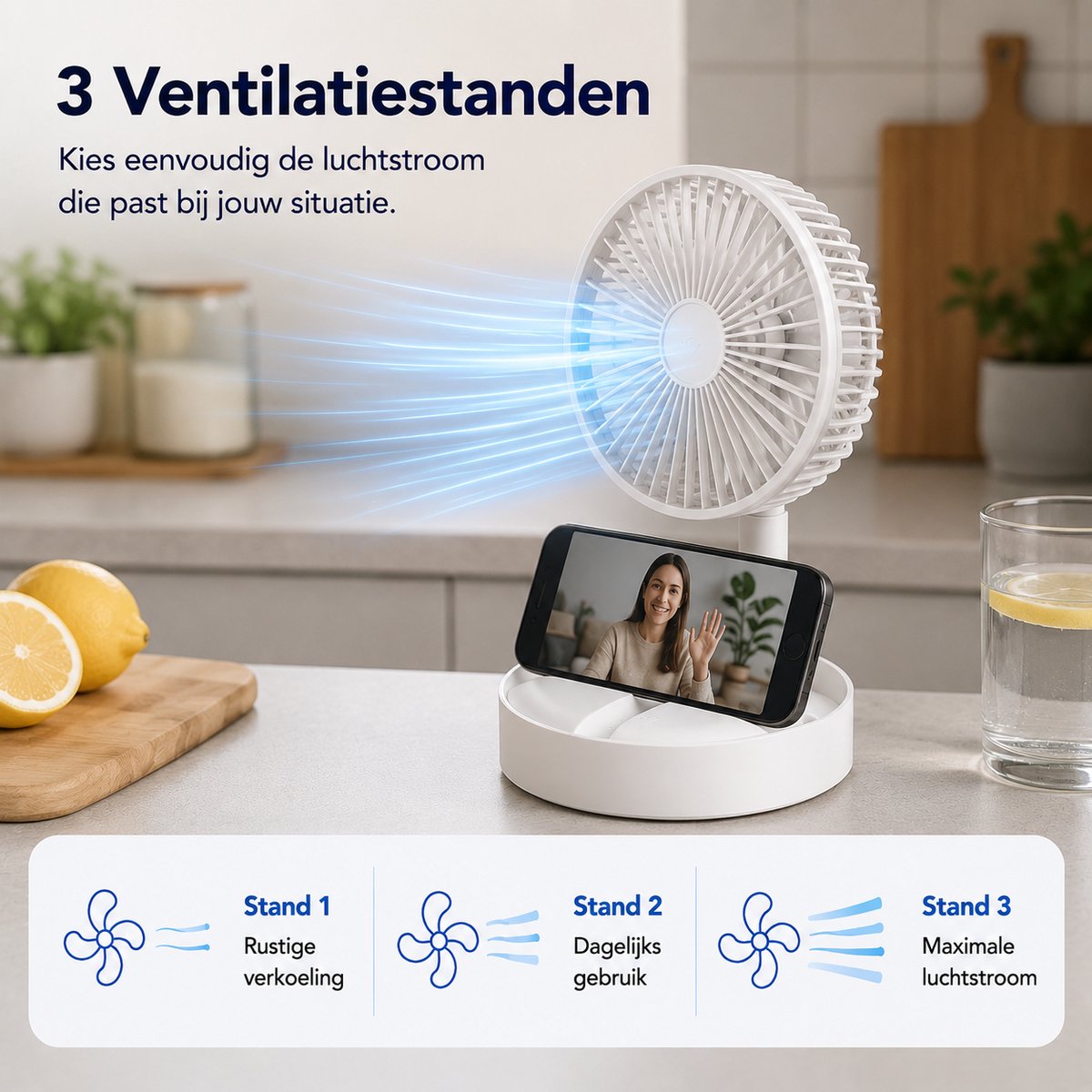 Tafelventilator met Telefoonhouder - USB-C Oplaadbaar - 3 Standen - Opvouwbaar en Draadloos - Staande Mini Ventilator - Fan - Verkoeling - WK Voetbal Kijken Accessoire - Kleine Aircooler - Mobiele Airco - 16,5 x 16,5 x 8 cm - Wit - Silvergear — afbeelding 3