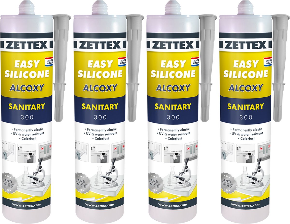 Zettex Easy Siliconenkit S - Sanitairkit voor Badkamer & Keuken - Schimmelbestendig & Elastisch - 310ml - Lichtgrijs - 4-PACK