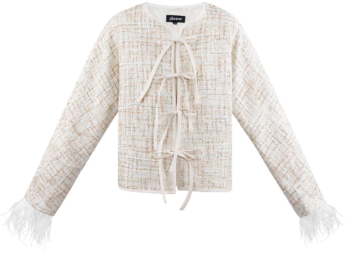 Gepolijste Vrouwen Jas in Tweed-Stijl met Veren en Strikdetail - Groen - Maat L