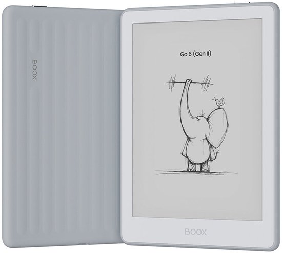 De BOOX Go 6 (Gen II) e-reader in grijs met een stripfdeksel en een tekening van een olifant.