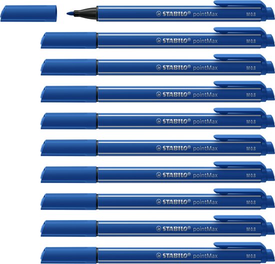 Collectie van blauwe STABILO pointMax fineliners, één met dop eraf, de rest met dop erop.