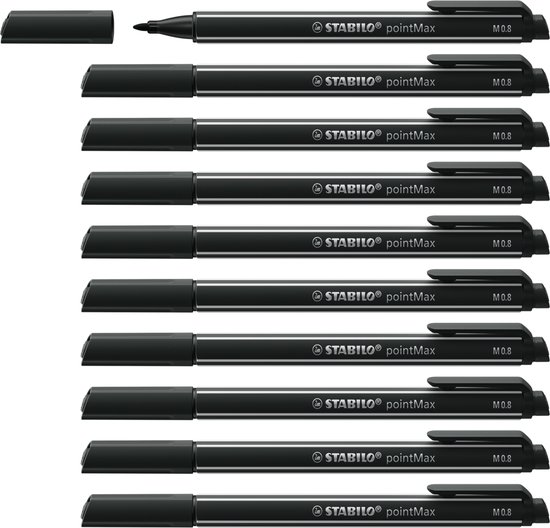 Een verzameling van elf zwarte STABILO pointMax fineliners.