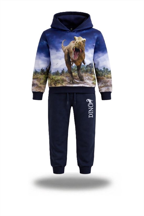 Kinder Joggingpak Blauw met Hoodie – Stoere Dino Print – Jongens & Meisjes Trainingspak – Broek & Sweater Set – Maat 146/152 – 65% Katoen