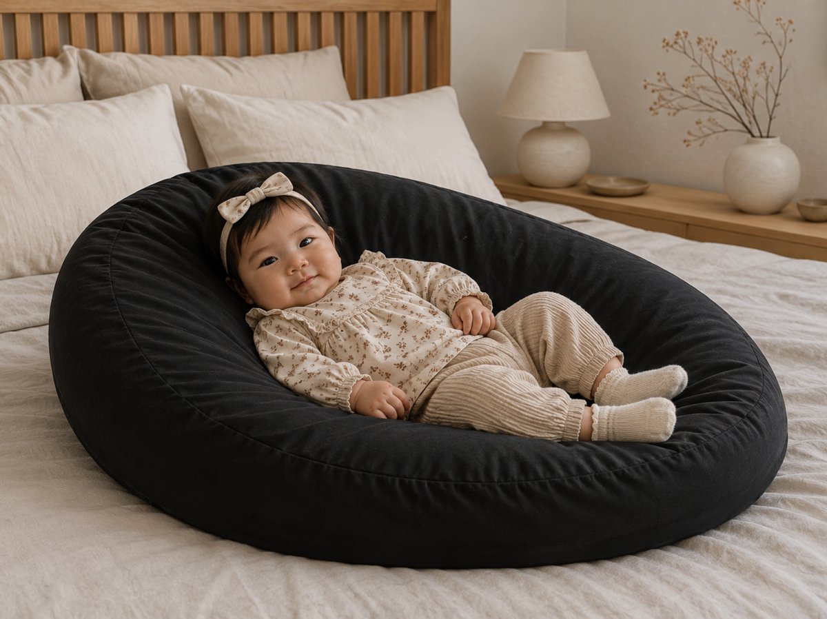 Bedrebel - Baby relax hoes voor voedingskussen zwangerschapskussen - 100% katoen percale - zwart - Charcoal black - anti doorzakken clip - baby relaxhoes