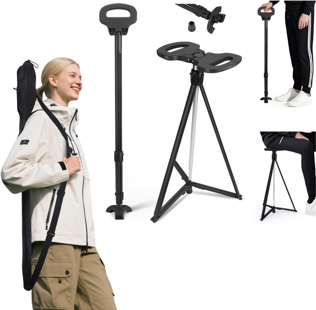 Wandelstok met Zitje - Zitwandelstok - Zwart met zilver
