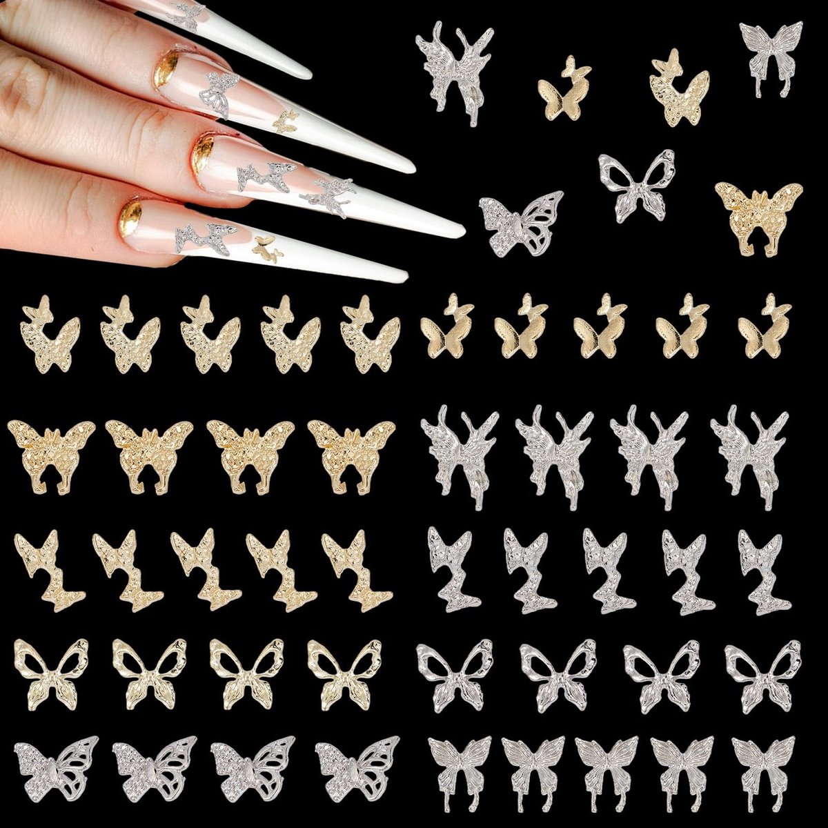 Dailygoods- Nagelhangers 200 Stuks - 3D Vlinder Nagelhangers - Acryl met Strass - Nagellegering Klinknagels - Gouden/Zilveren Sieraden - Multisize Decoratie - Nageldecoratie