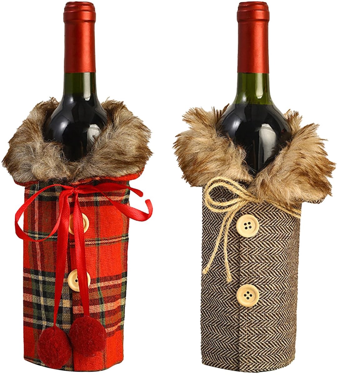 Dailygoods- Kerstwijnfleshoes 2 Stuks - Linnen Wijnfleshoezen - Kersttrui voor Whisky/Champagne - Tafeldecoraties voor Thuis/Restaurant - Afmeting 24 x 12 cm - Rood/Bruin - Wijnfleshoes