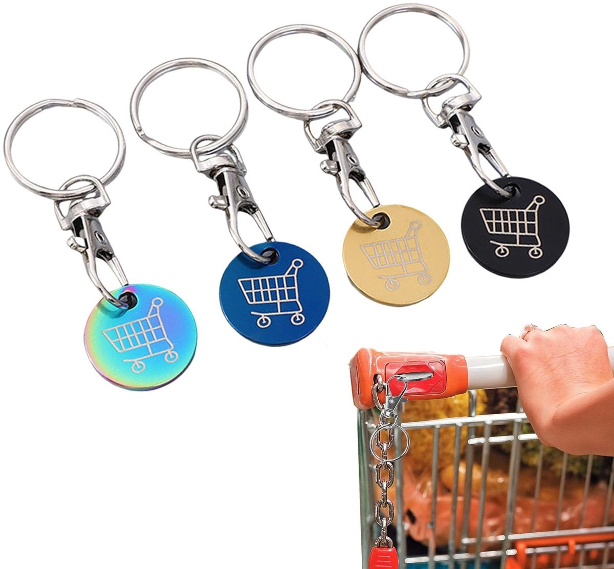 Dailygoods- Winkelwagenontgrendelaar - 4 Stuks - Roestvrij Staal - Sleutelhanger - Multifunctioneel Design - Duurzaam - Eenvoudige Draagbaarheid - Winkelwagenchip