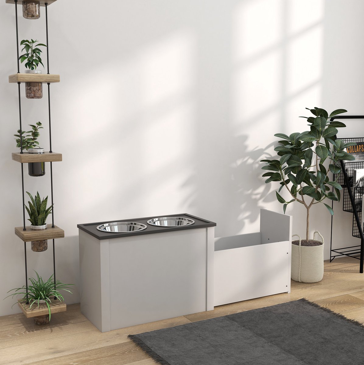 COVREO Hondenvoerbak 60 x 30 x 42 cm wit, met opbergruimte en 2 RVS schalen