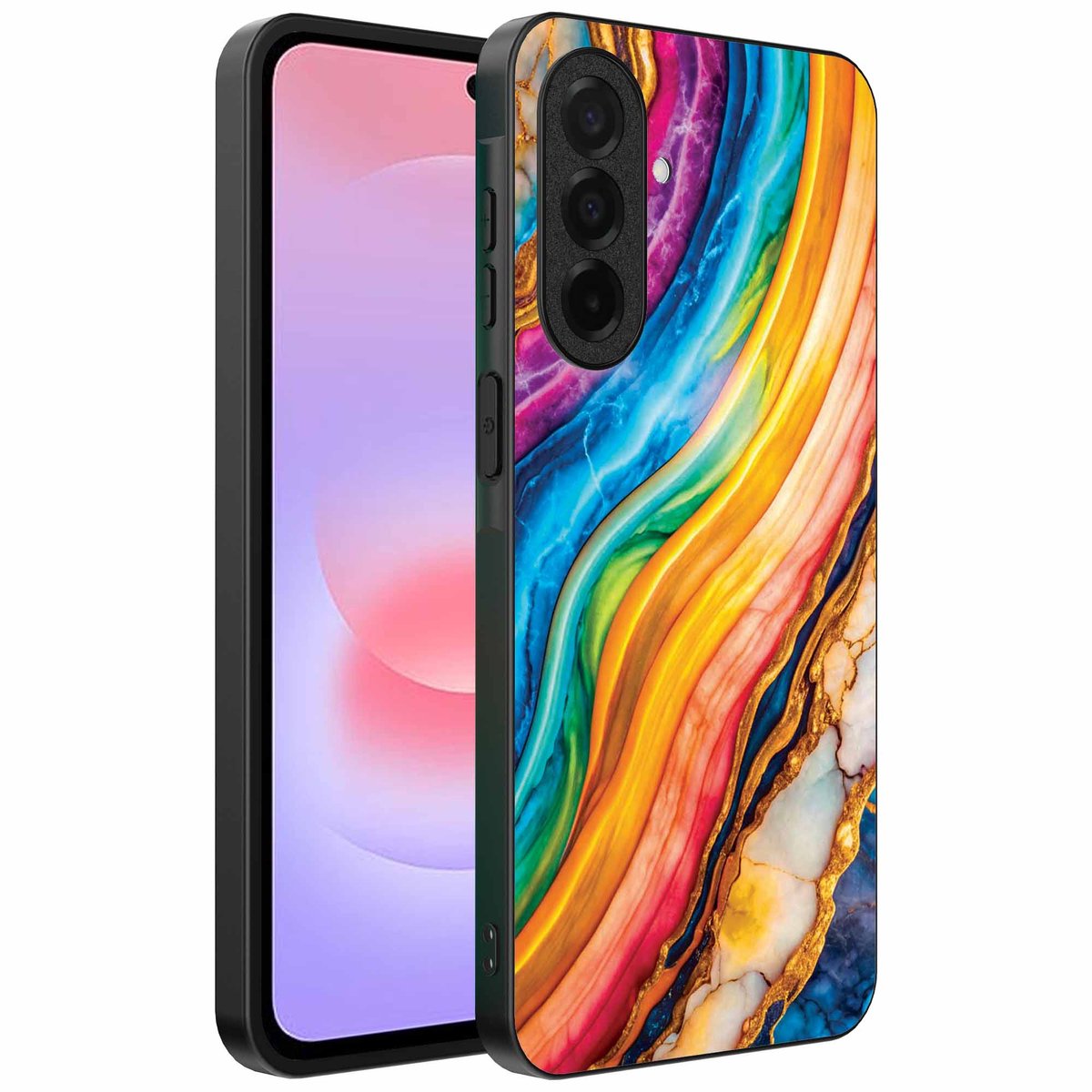 Geschikt voor Samsung Galaxy A37 Telefoonhoesje met Regenboog Goud Marmer Opdruk - TPU Backcover Case Rainbow Gold Marble Design - Smartphonica geschikt voor Samsung Galaxy A37