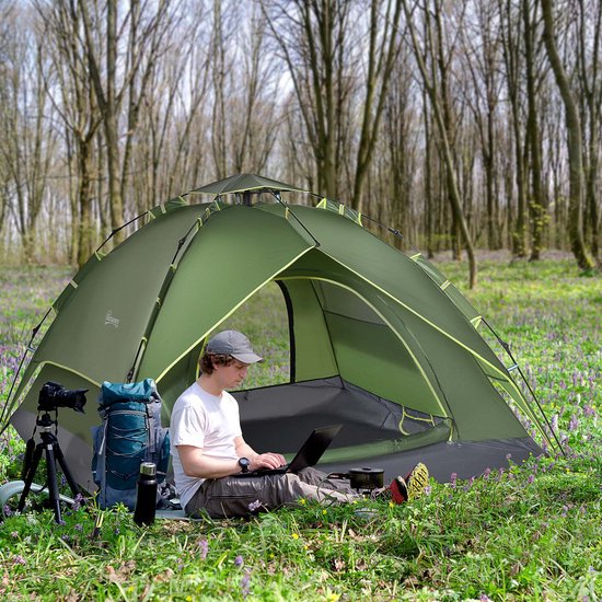 Koepeltent 210x210x140 cm groen lichtgewicht en stabiel met extra kap waterdicht en UV-bestendig ontwerp stevige en flexibele glasvezelstokken twee ingangen inclusief grondzeil en opbergtas geschikt voor kamperen en wandelreizen — afbeelding 5