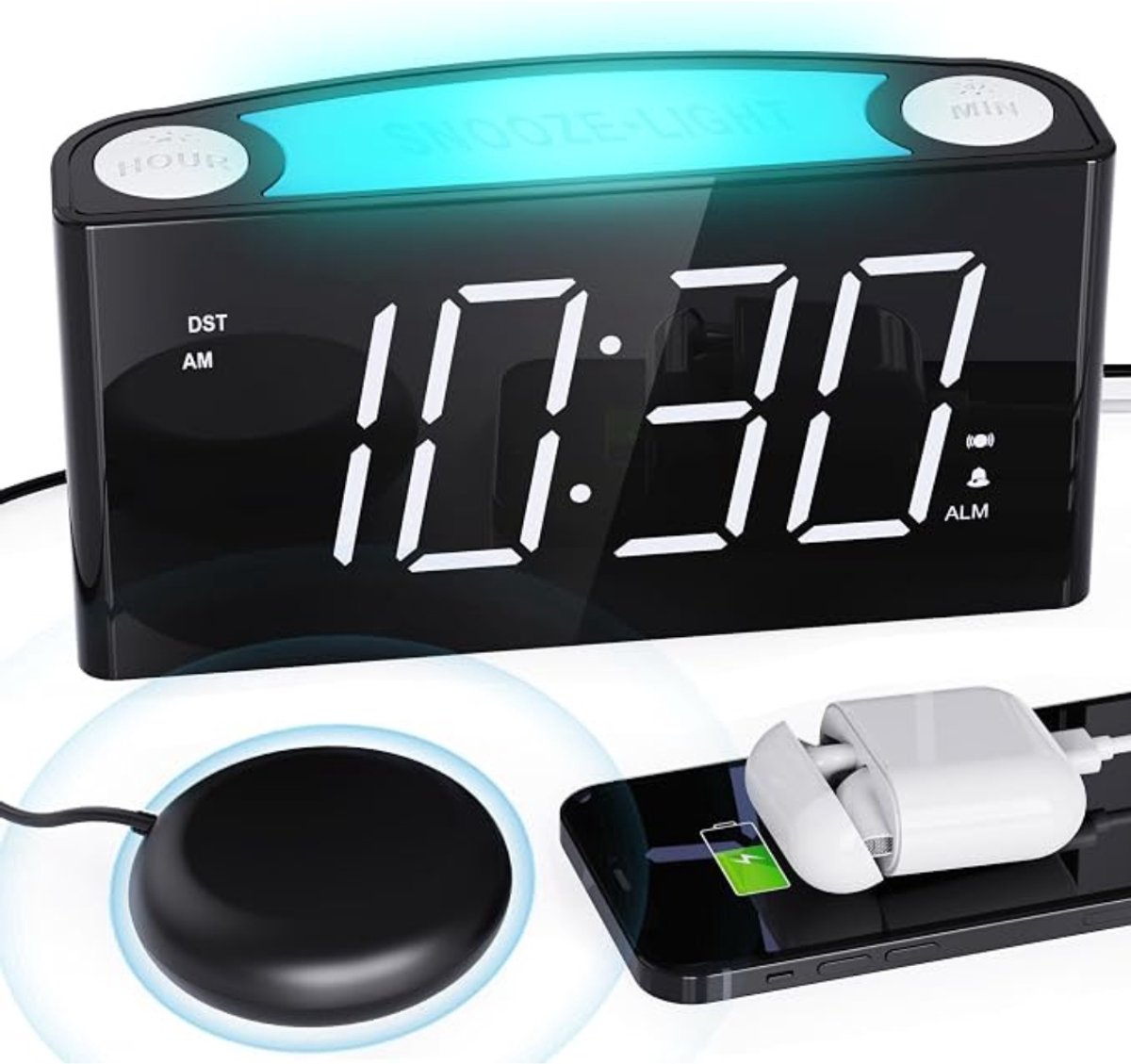 Verte Slaapwekker - Wekker met Trilfunctie voor Diepe Slapers en Mensen met Een Gehoorbeperking - Type C-Oplader - 12/24-Uursweergave - Luide Wekker met 7-Kleurig Nachtlampje - Groot LED-Display - Dimfunctie - Snooze-Functie - Digitale Wekker
