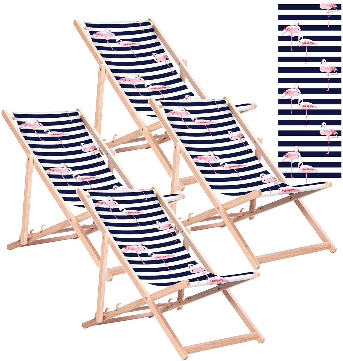 GreenBlue GB183 - Strandstoel - Klassieke beukenhouten ligstoel met flamingo-print - tot 110 kg - 4 stuks