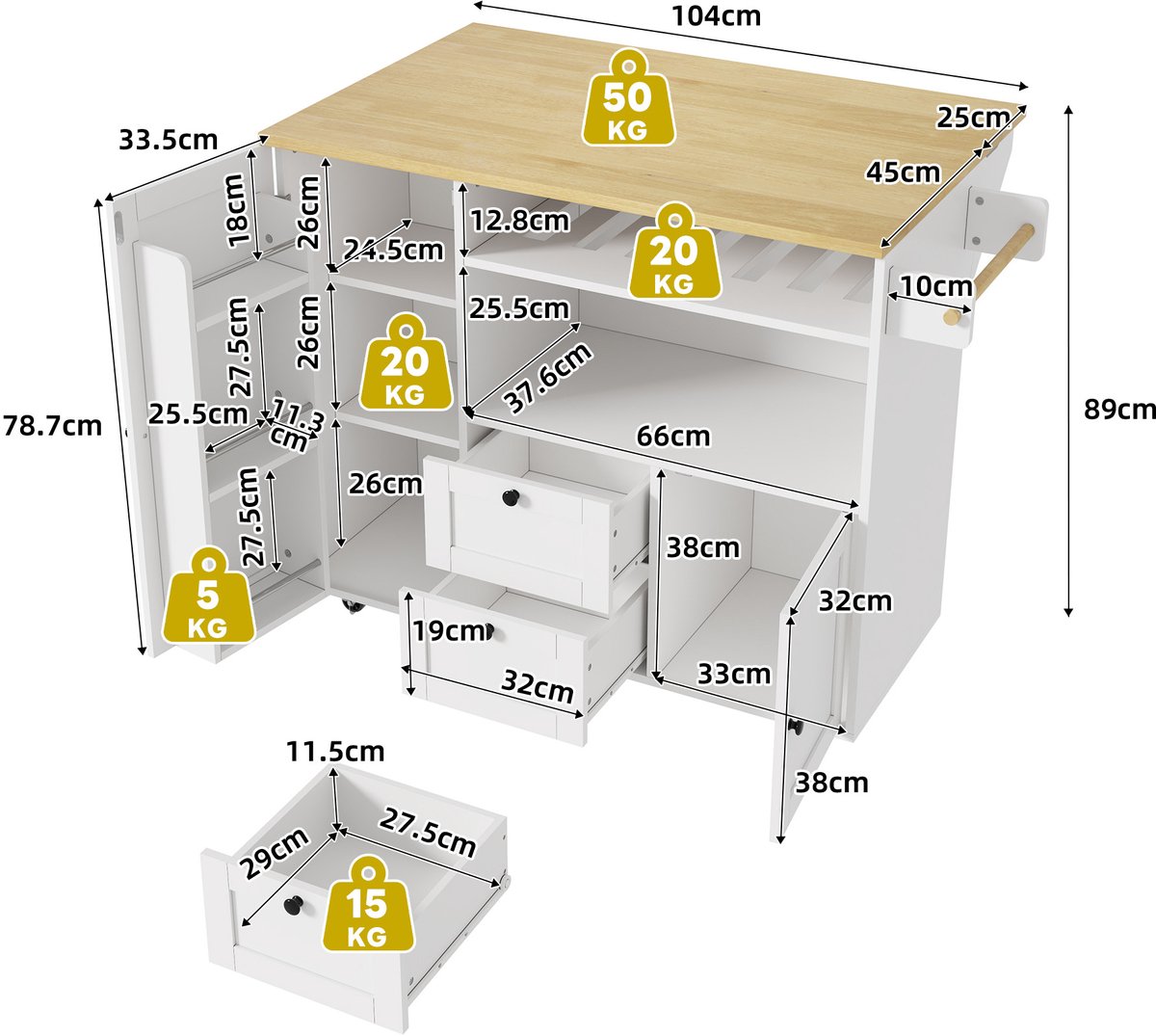 FloraGrace Keukenkast - Keukenwagen Met Klapblad, Lades En Wijnrek - Voor Keuken En Eetruimte - MDF - Natural Wit - 104x69x89 Cm
