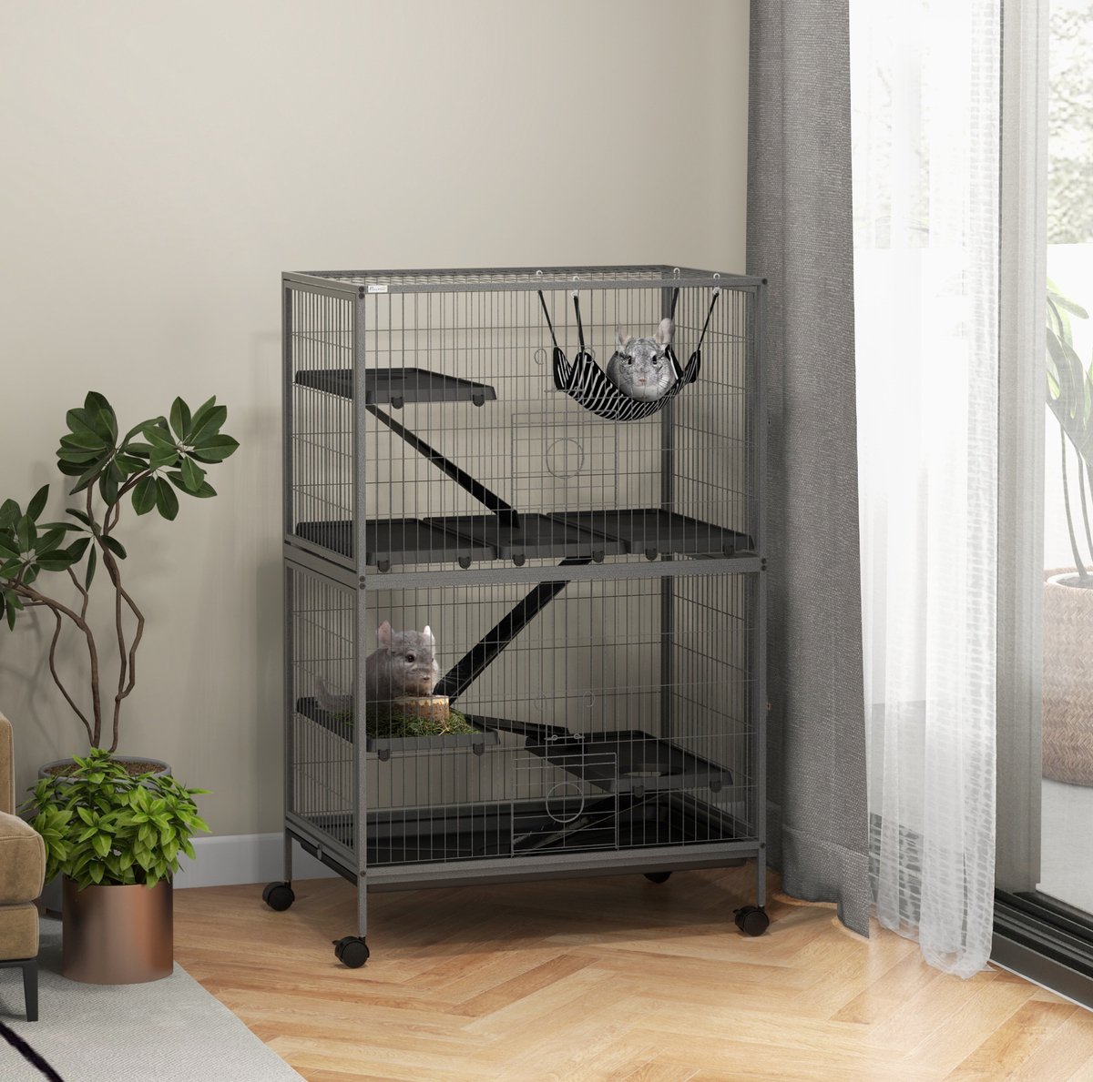 COVREO Knaagdierkooi 80 x 52 x 128 cm grijs, staal met 4 platforms