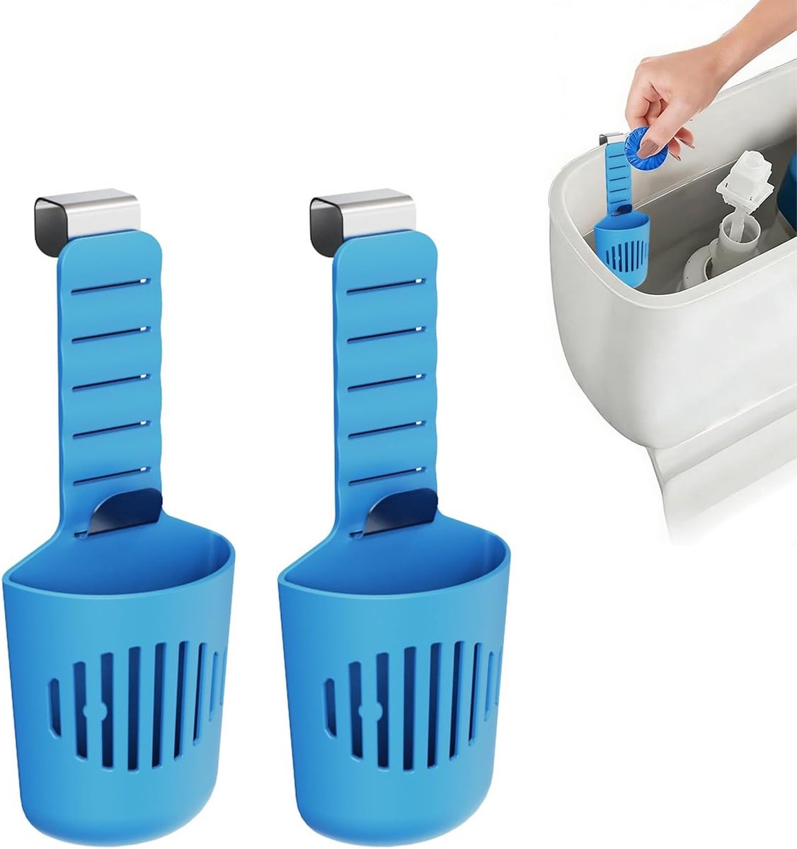Tweedelige verstelbare toiletreservoirhouder, hangende dispenser Geschikt voor bleektabletten, grote siliconen mand met roestvrije haak.