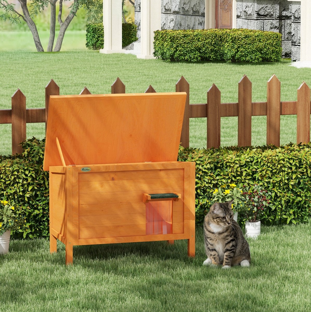 REDOM - Kattenhuis - Geïsoleerde houtconstructie - Opklapbaar dak en uitneembare bodem - Deurvorhang - Buiten - Hout - Oranje - 85 x 50 x 68,5 cm