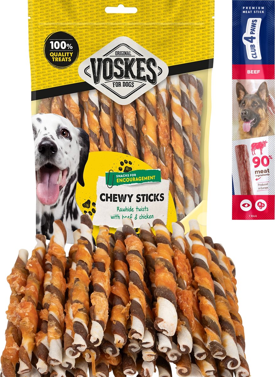 Voskes runderhuid sticks rund en kip 2 x 400 gram met gratis Club 4 Paws hondensnack