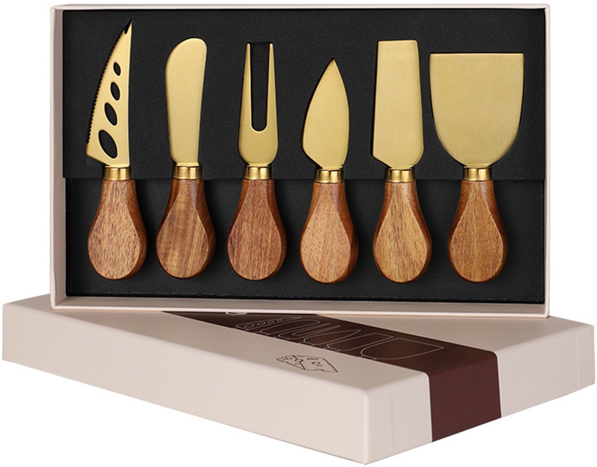 6-Delige Kaasmes-Houten Handvatten-Goudkleurig RVS Kaasmessen-Luxe Cadeaudoos voor Kaasplanken-Charcuterie