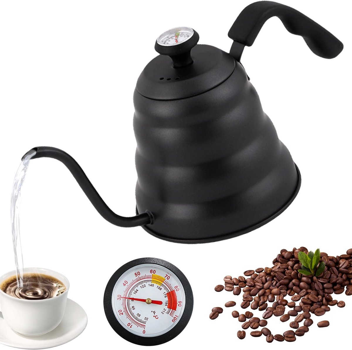Omgoods - Zwanenhals Waterkoker van Roestvrij Staal met Thermometer en 1200 ml Capaciteit