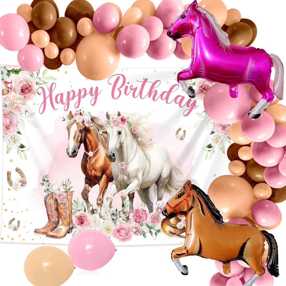 Omgoods- Paard Feestdecoraties 18 Stuks - Paardenrennen - Luchtballonnen - Banner - Fotoachtergrond - Western Verjaardag Accessoires - Paardenfeest