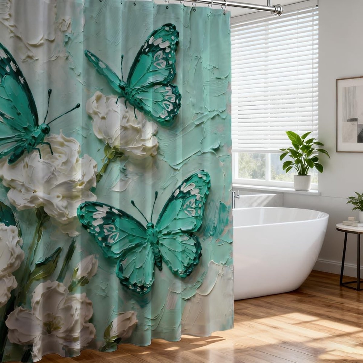 Omgoods- Douchegordijn Waterdicht - 3D Vlinder Groen - Set met Haken - 183x183 cm - Zacht Polyester - Machinewasbaar - Badkamergordijn