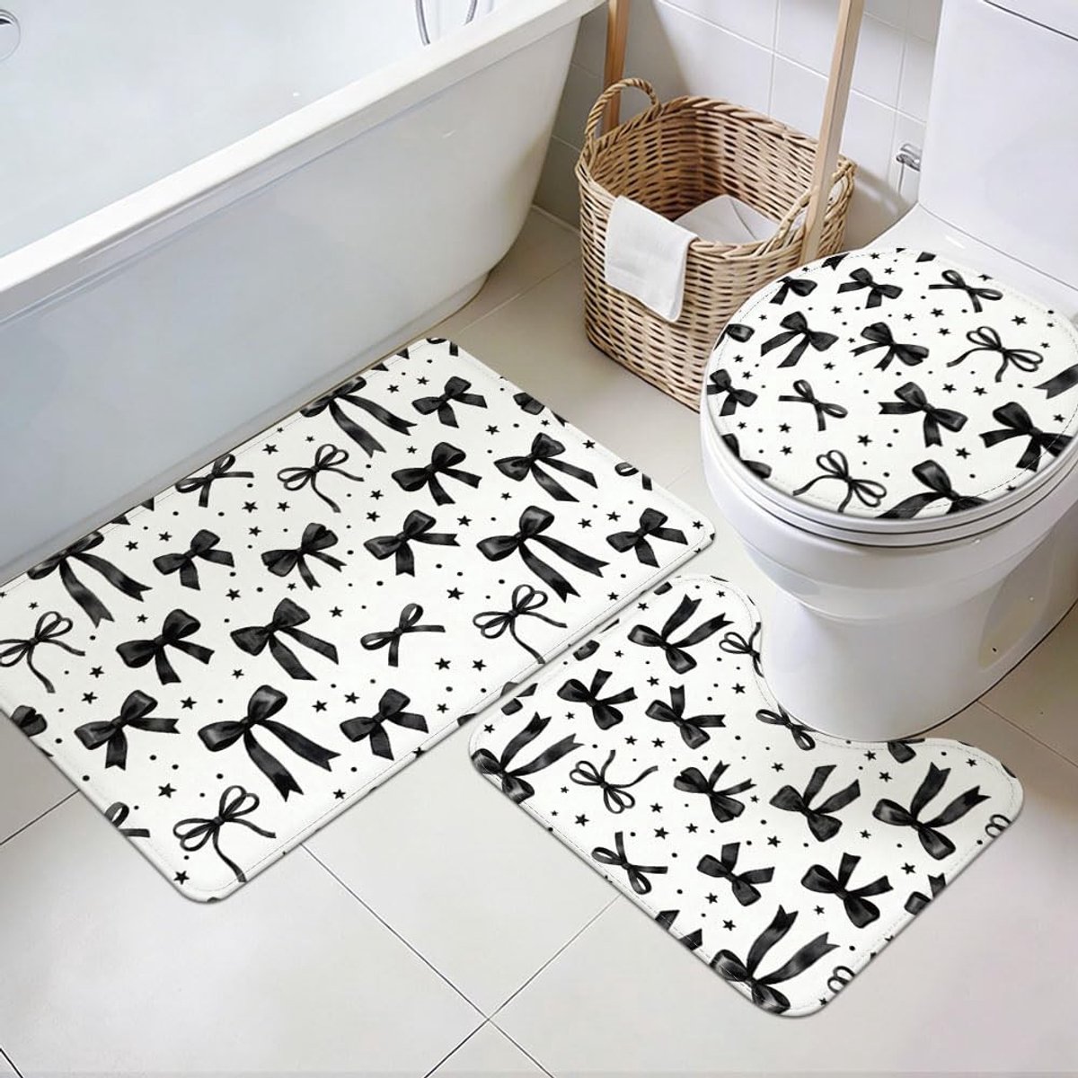Omgoods - Set van 3 Zwarte Badkamer Tapijten met Toilet Deksel