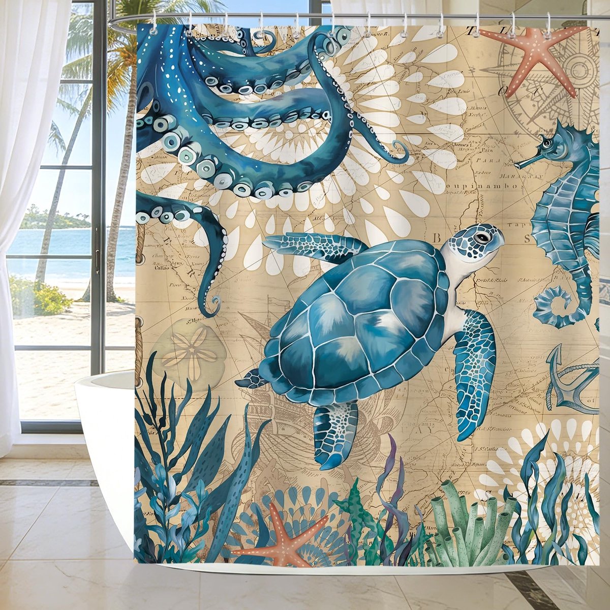 Omgoods - Retro Douchegordijn met Zeedieren - 180 x 200 cm