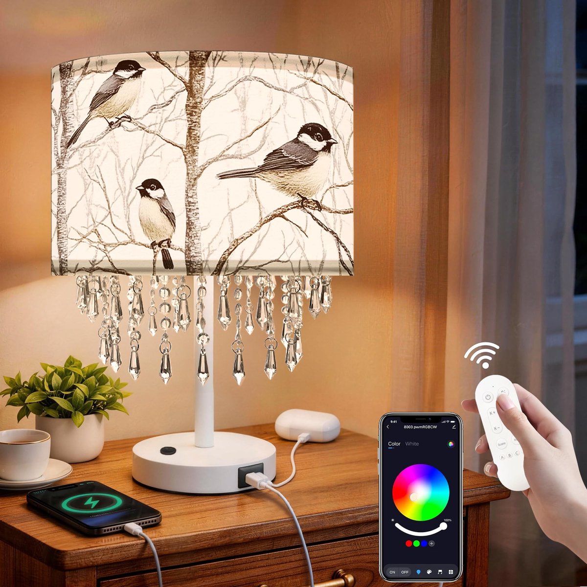 Omgoods - Tafellamp met Stof Lampenkap en Slimme LED Lamp, 30 cm, Wit