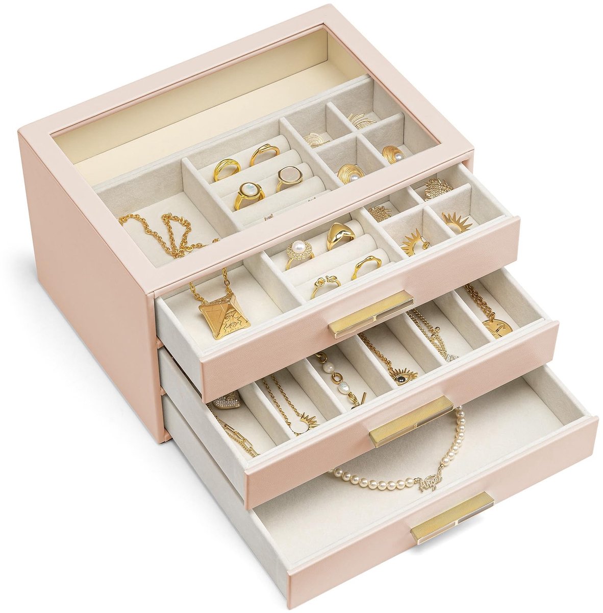 Omgoods - 3-laags Sieradenbox met Glazen Deksel