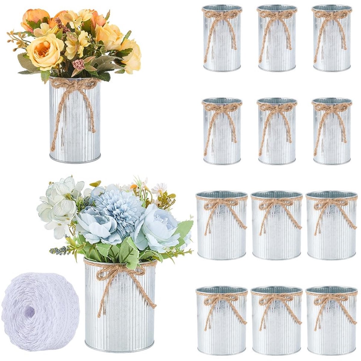 Omgoods - Set van 13 Gecoate Bloemenvazen met Touw en Kant