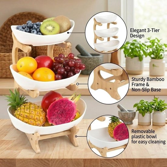 Omgoods - 3-laags Fruitstandaard met Houten Onderstel voor Snacks en Groenten — afbeelding 2