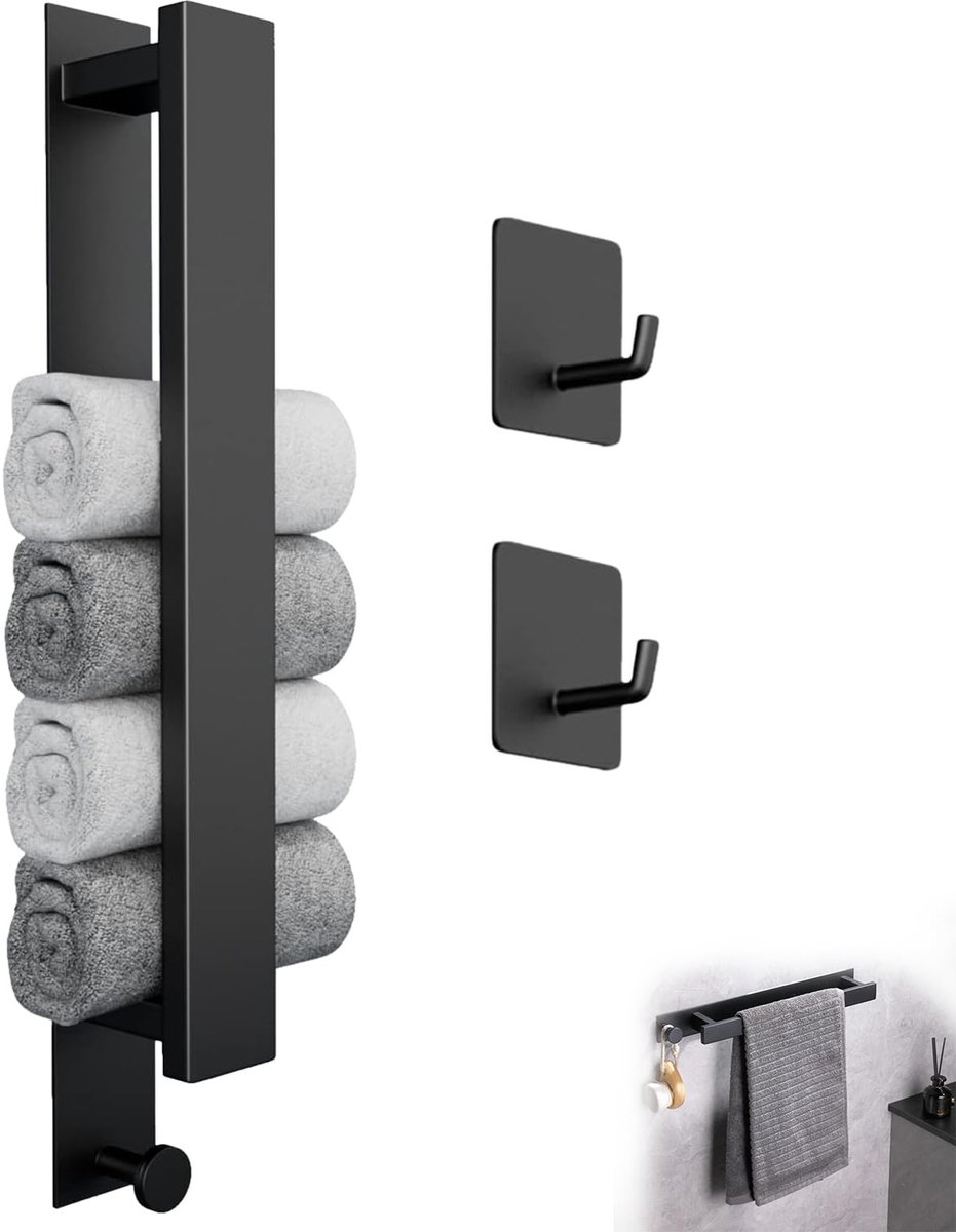 Omgoods - Zelfklevende Handdoekhouder zonder Boren - Zwart voor Badkamer en Keuken