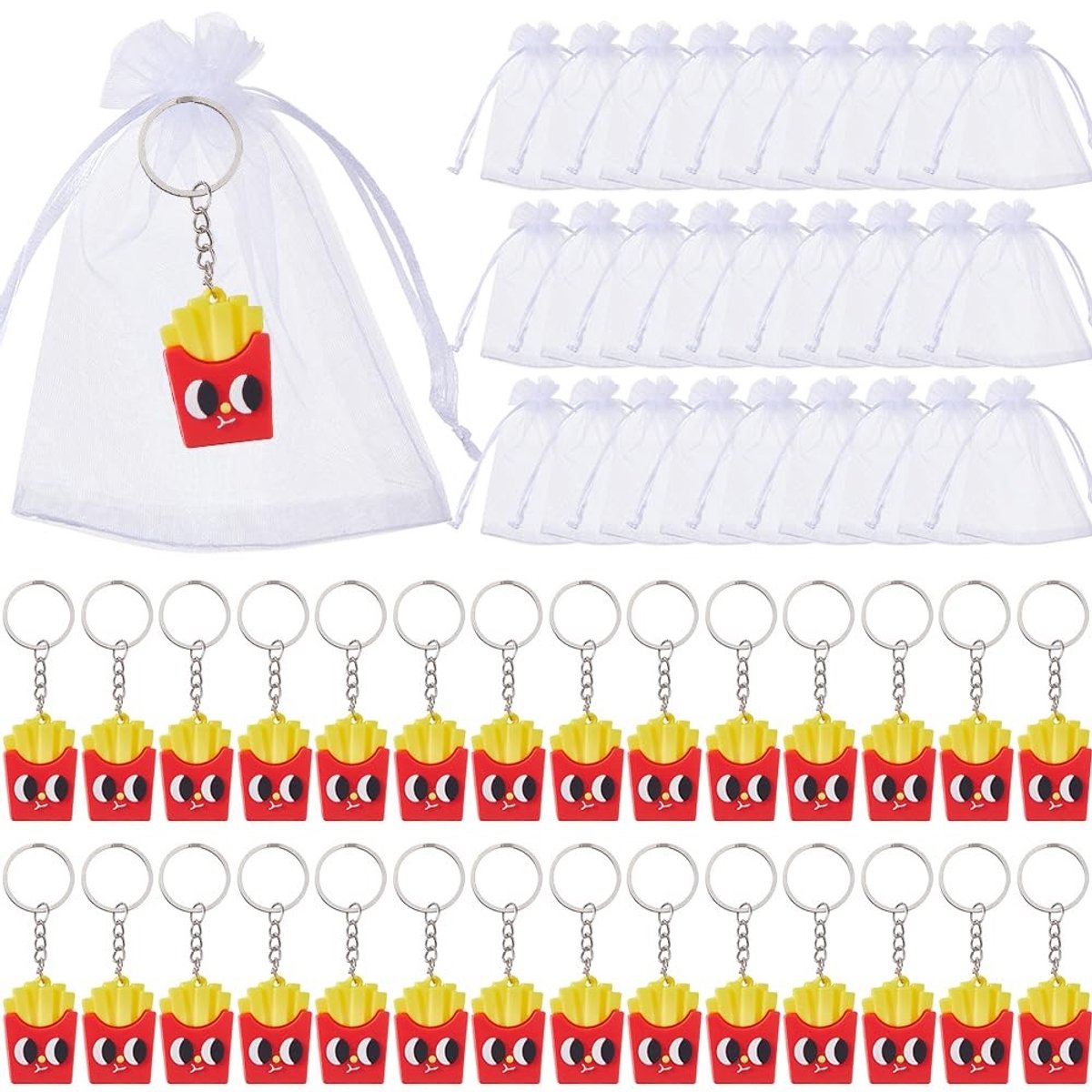 Omgoods - 30 Stuks Franse Frietjes Sleutelhanger met Organza Zakjes voor Feestgeschenken