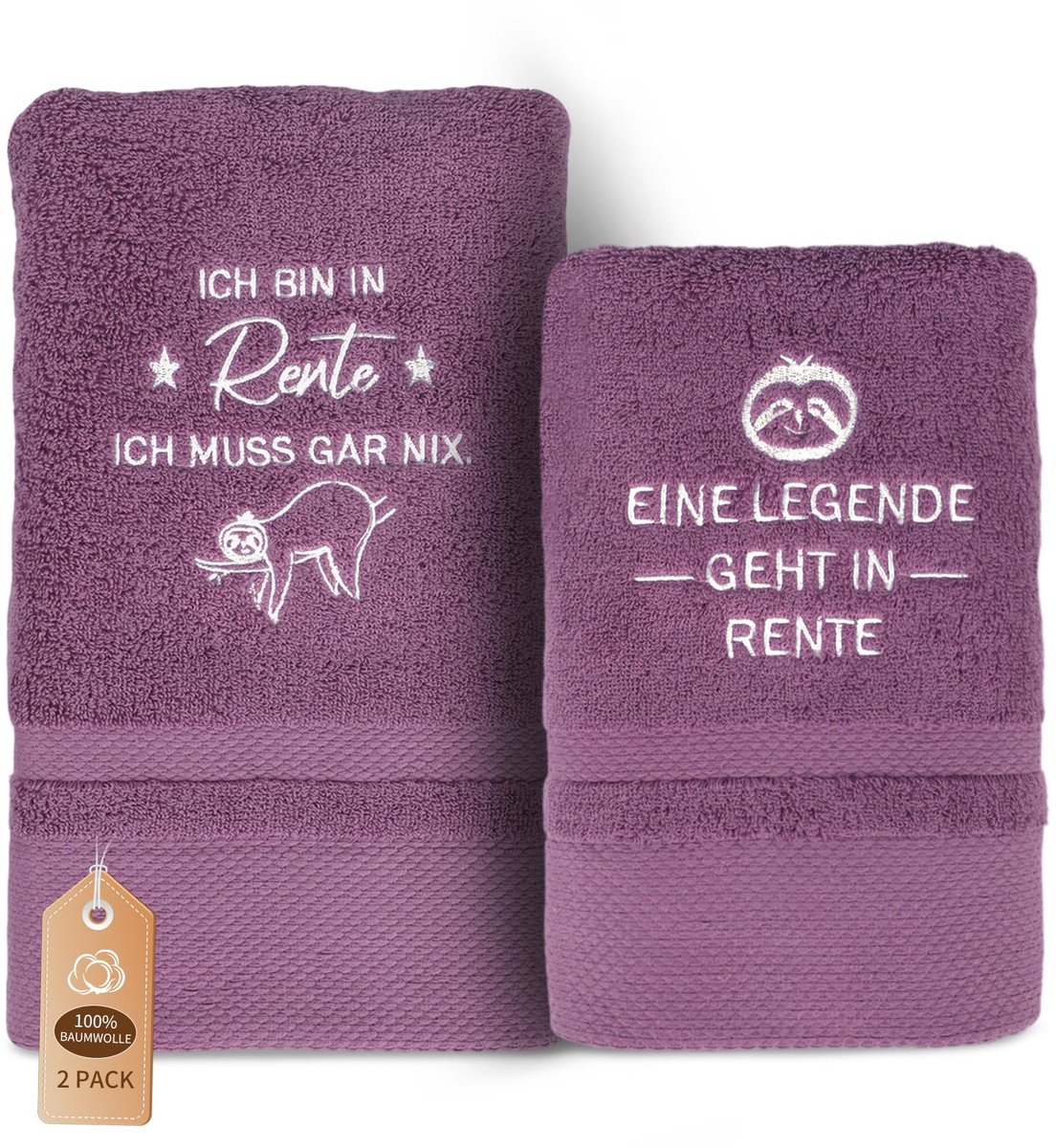 SnelShoppen - Vrouwencadeau voor Pensioen - Paarse Geborduurde Katoenen Handdoekenset - 1 Badhanddoek (50x100 cm) & 1 Handdoek (35x75 cm) - Grappige P
