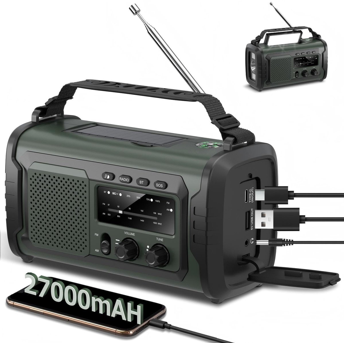 Omgoods - 27000 mAh Noodradio met Crank en Zonnepaneel - Met Alarm en Bluetooth Speaker
